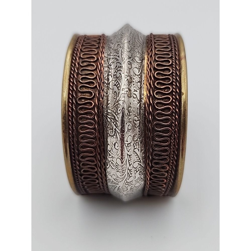 Vintage Mixed Metal Cuff Bracelet Textured Boho Moroccan Style 3 Tone Etched Art